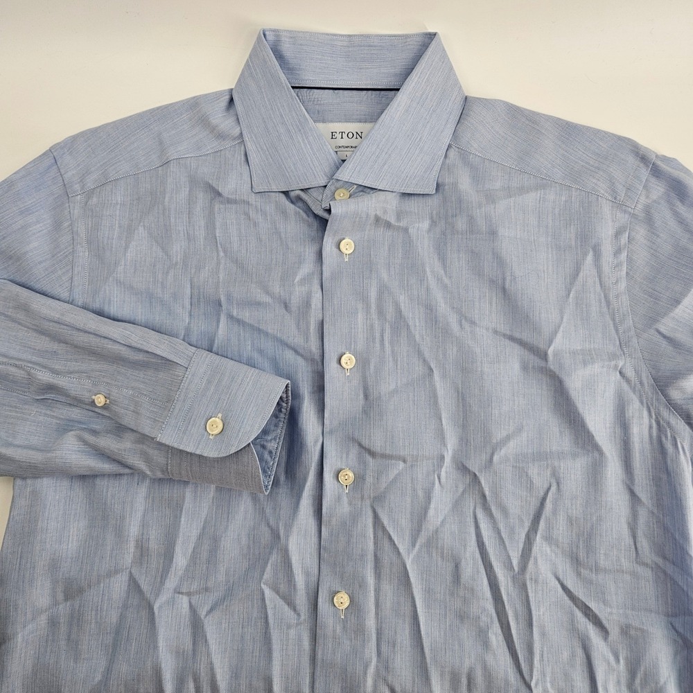 Eton Contemporary Fit Light Blue Textured Cotton Dress Shirt Mens 16.5 L 42